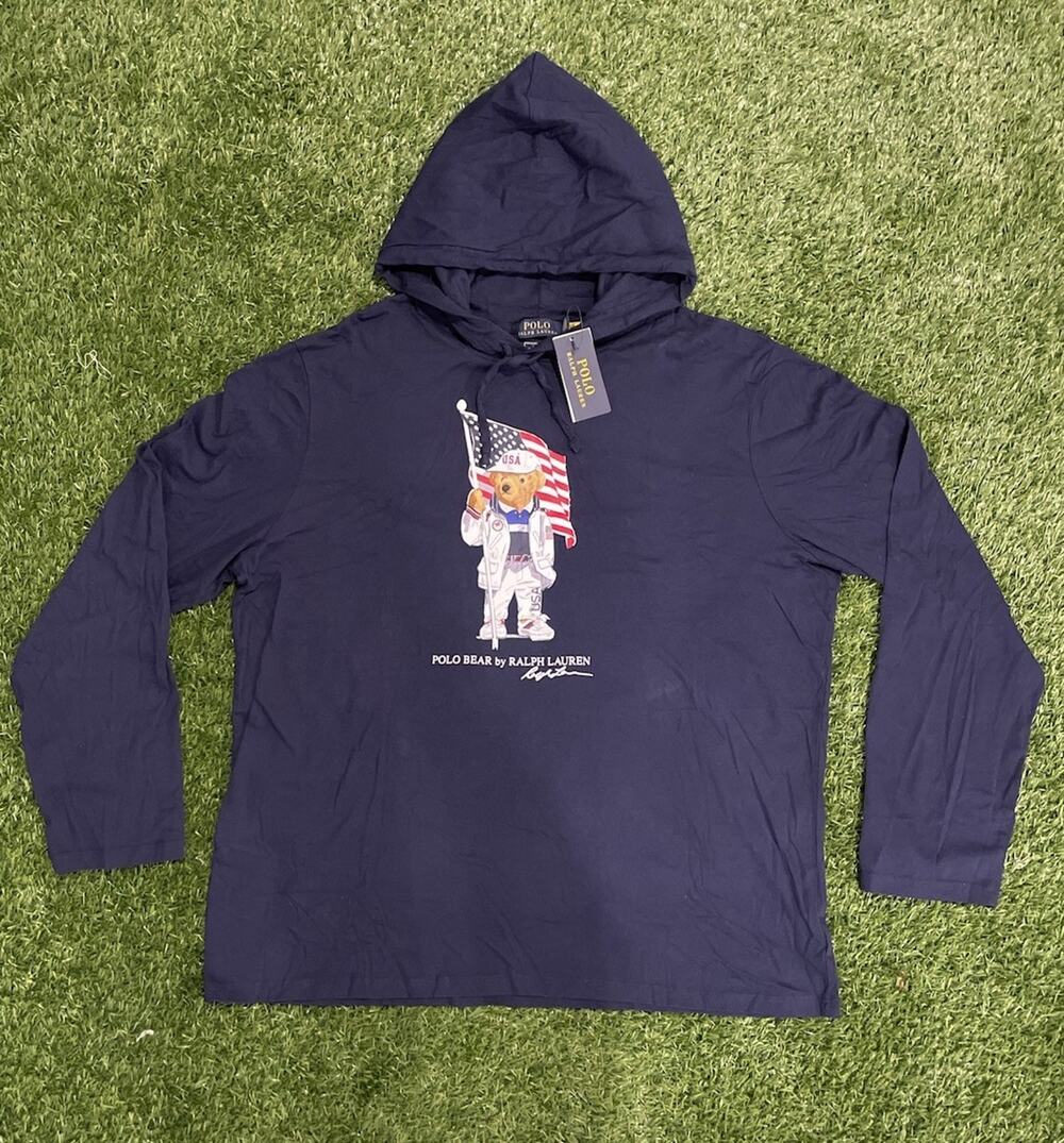Polo Ralph Lauren Men's XL Polo Bear USA Flag Hooded T-Shirt Navy Blue NWT